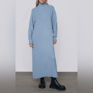 Zara Light Blue Ribbed Midi Knit Dress with Balloon Sleeves